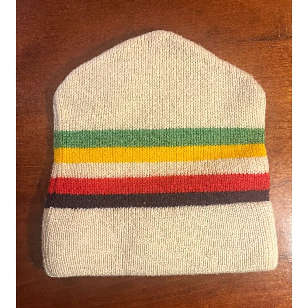 Vintage 100% Wool Pendleton White Striped Knit Beanie Hat